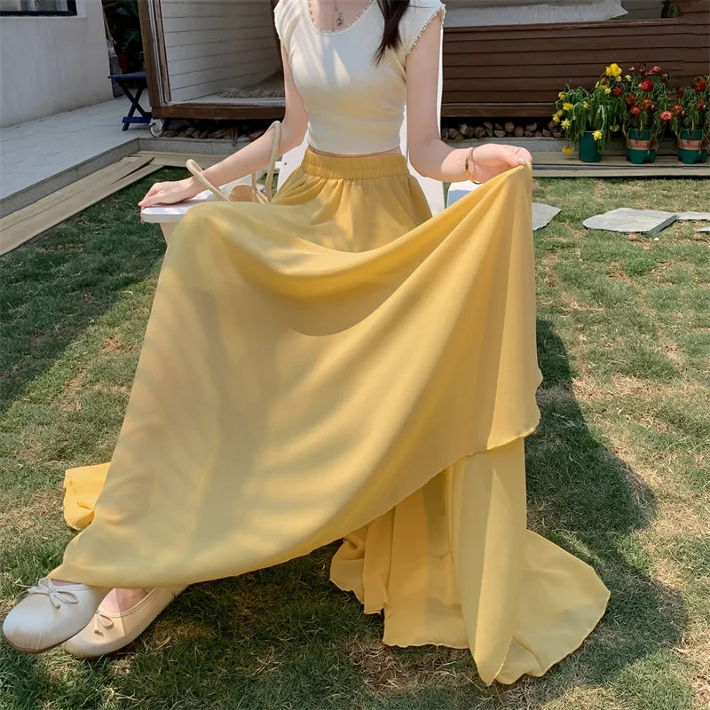 Dame Maxi Nederdel A-Line Chiffon Nederdel Høj Talje Elegant Flydende Stil