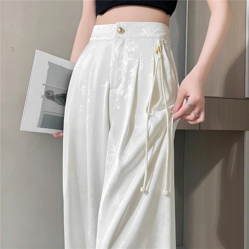 Lin | Kvinders Jacquard Satin Bukser med Brede Ben i Asiatisk Stil