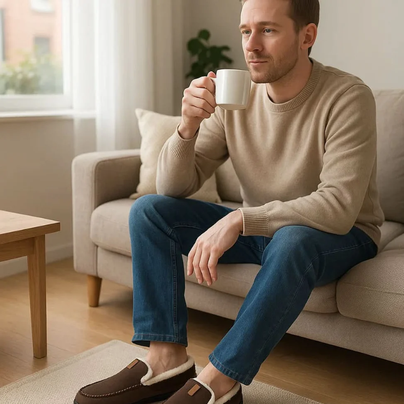 Chaussons homme à enfiler, bout mocassin et semelle plate