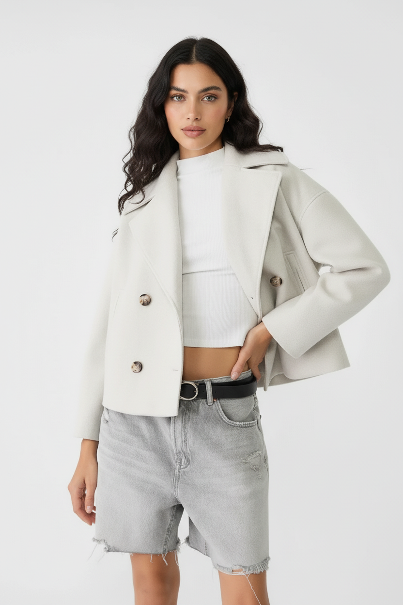 Kort Damejakke – Stilfuld Cropped med Dobbeltknap Design