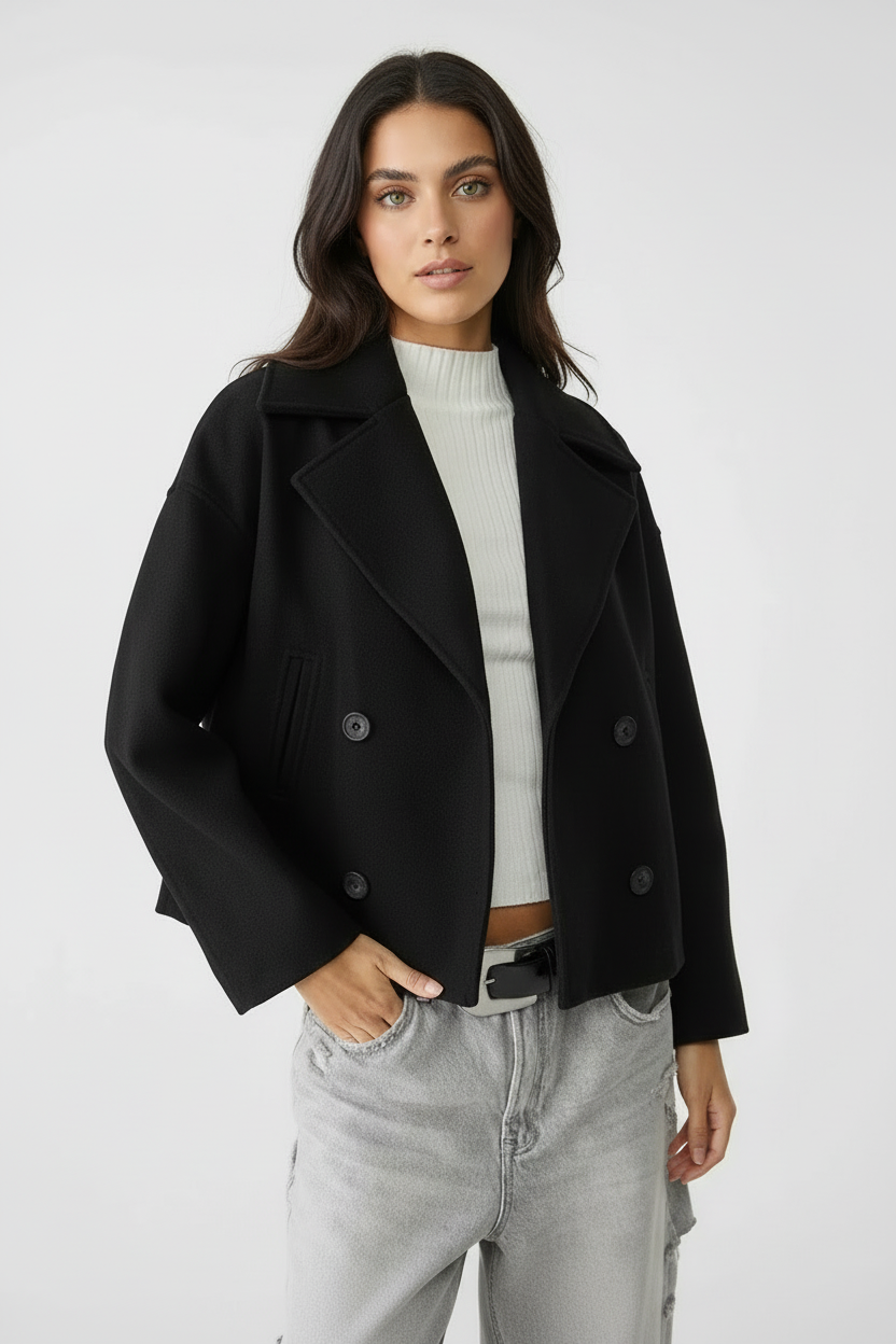 Kort Damejakke – Stilfuld Cropped med Dobbeltknap Design