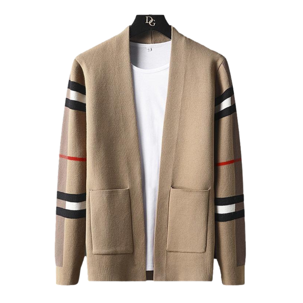 Herrecardigan med åben front, stribede lange ærmer og to forlommer