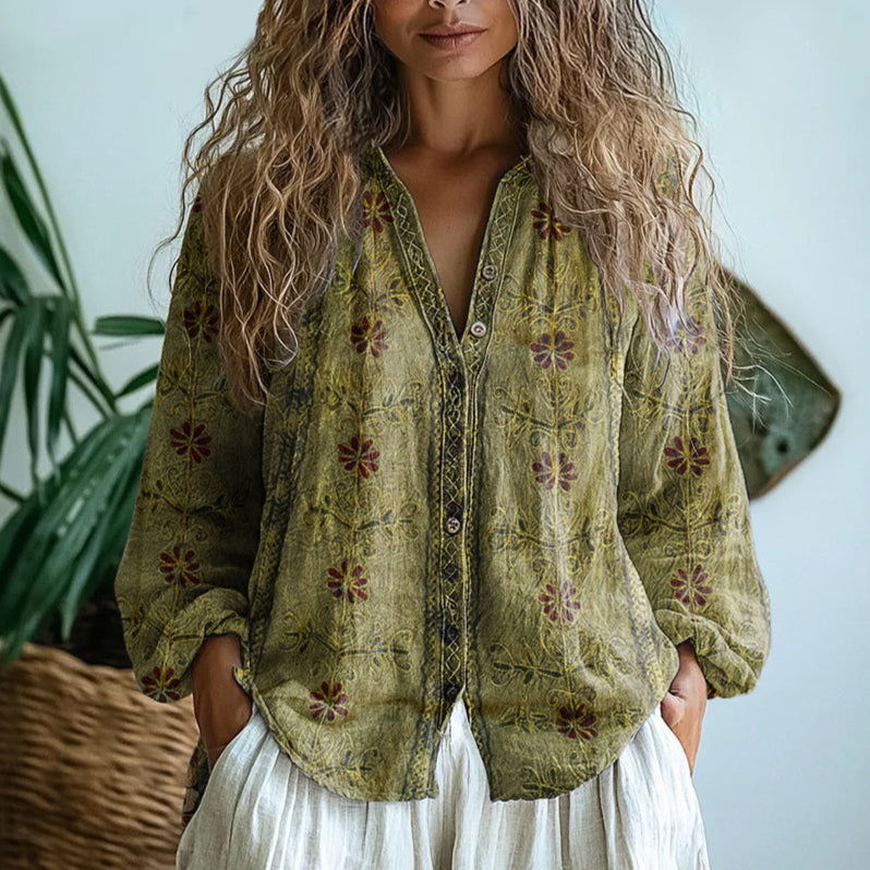 Kvinders Bluse | Naturprint Split V-Hals