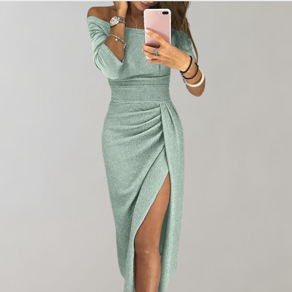 Mila | Kvinders Skinnende Glitter Midi Cocktailkjole med Side Slids