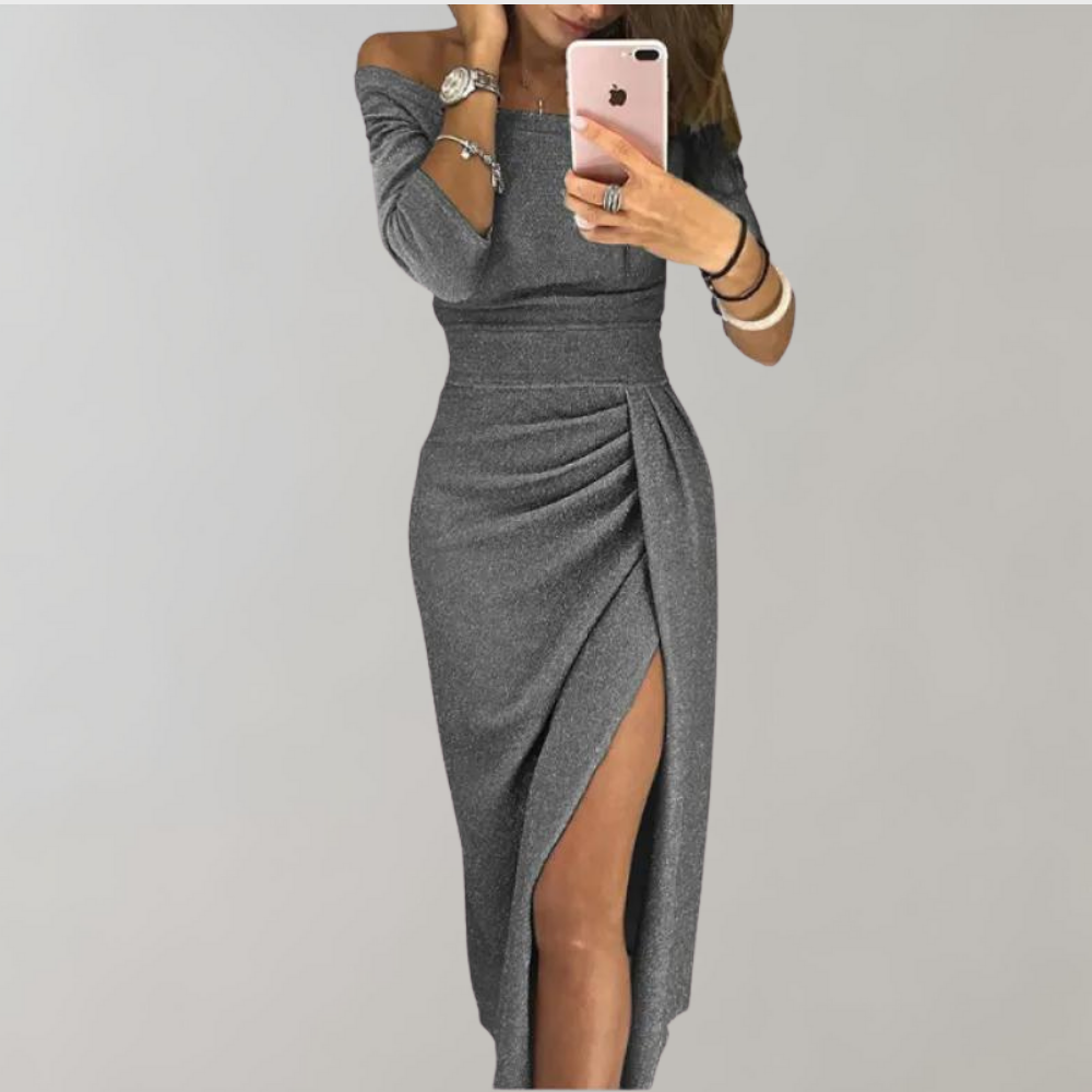 Mila | Kvinders Skinnende Glitter Midi Cocktailkjole med Side Slids