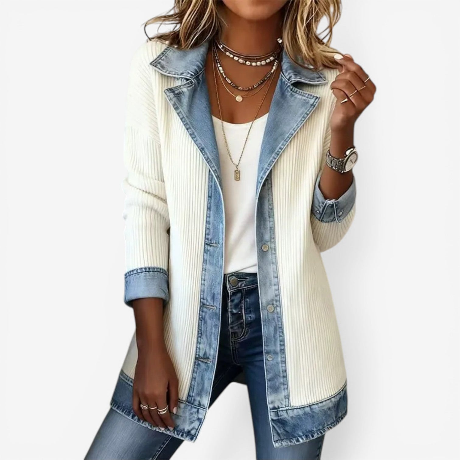 Dame blazer i ribstrik med kontrastkrave og denimdetaljer