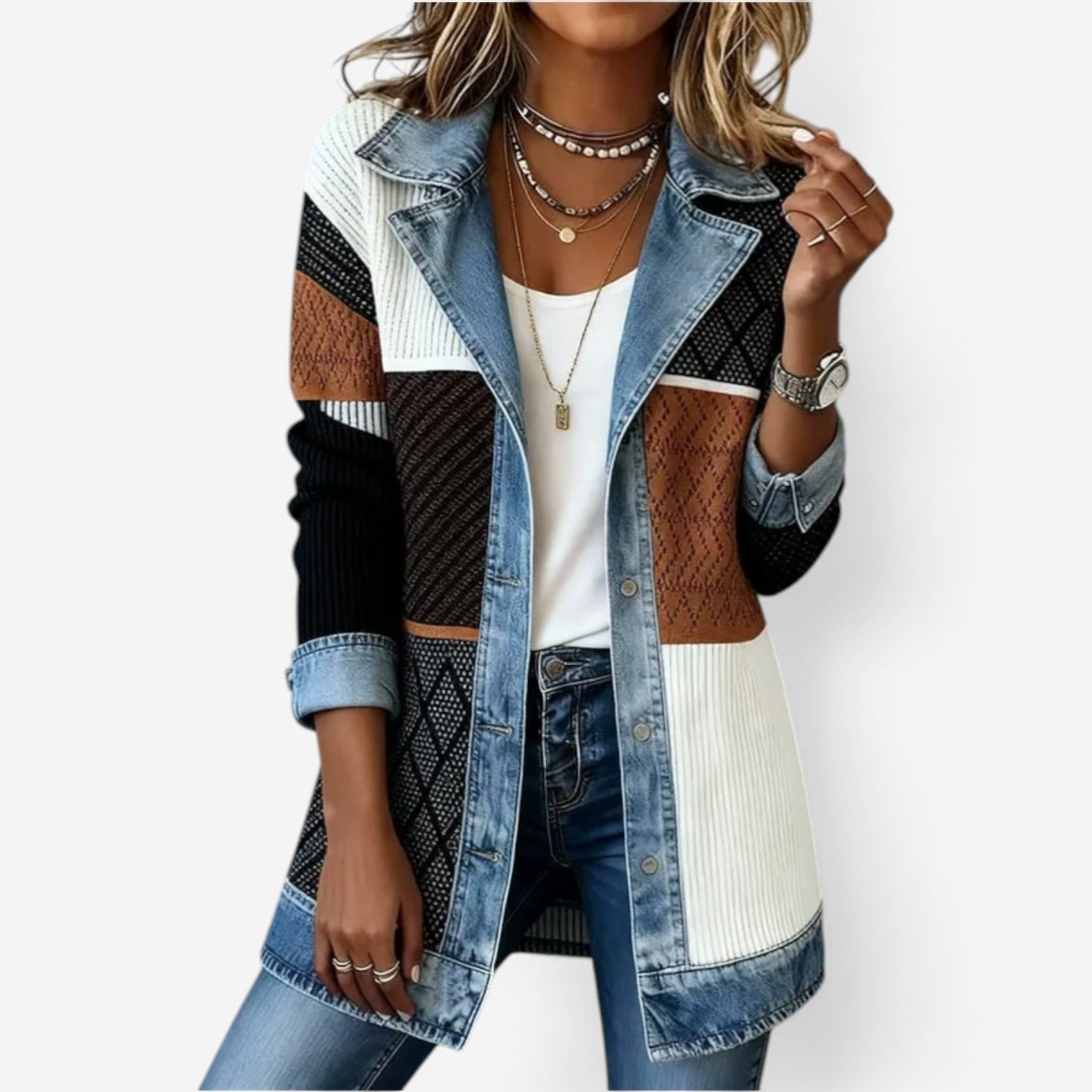 Dame blazer i ribstrik med kontrastkrave og denimdetaljer
