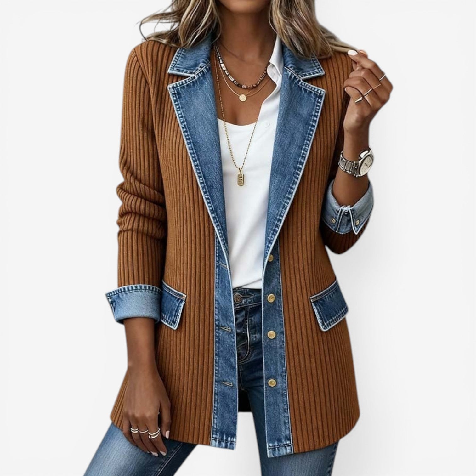 Dame blazer i ribstrik med kontrastkrave og denimdetaljer