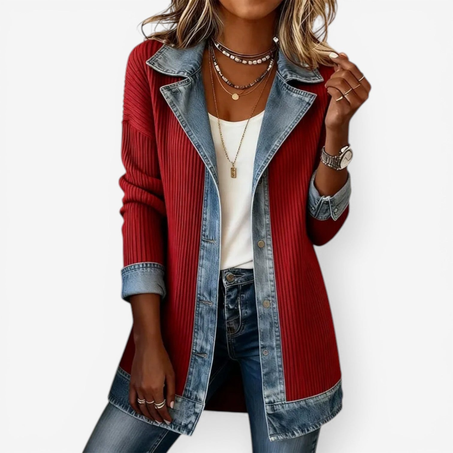 Dame blazer i ribstrik med kontrastkrave og denimdetaljer