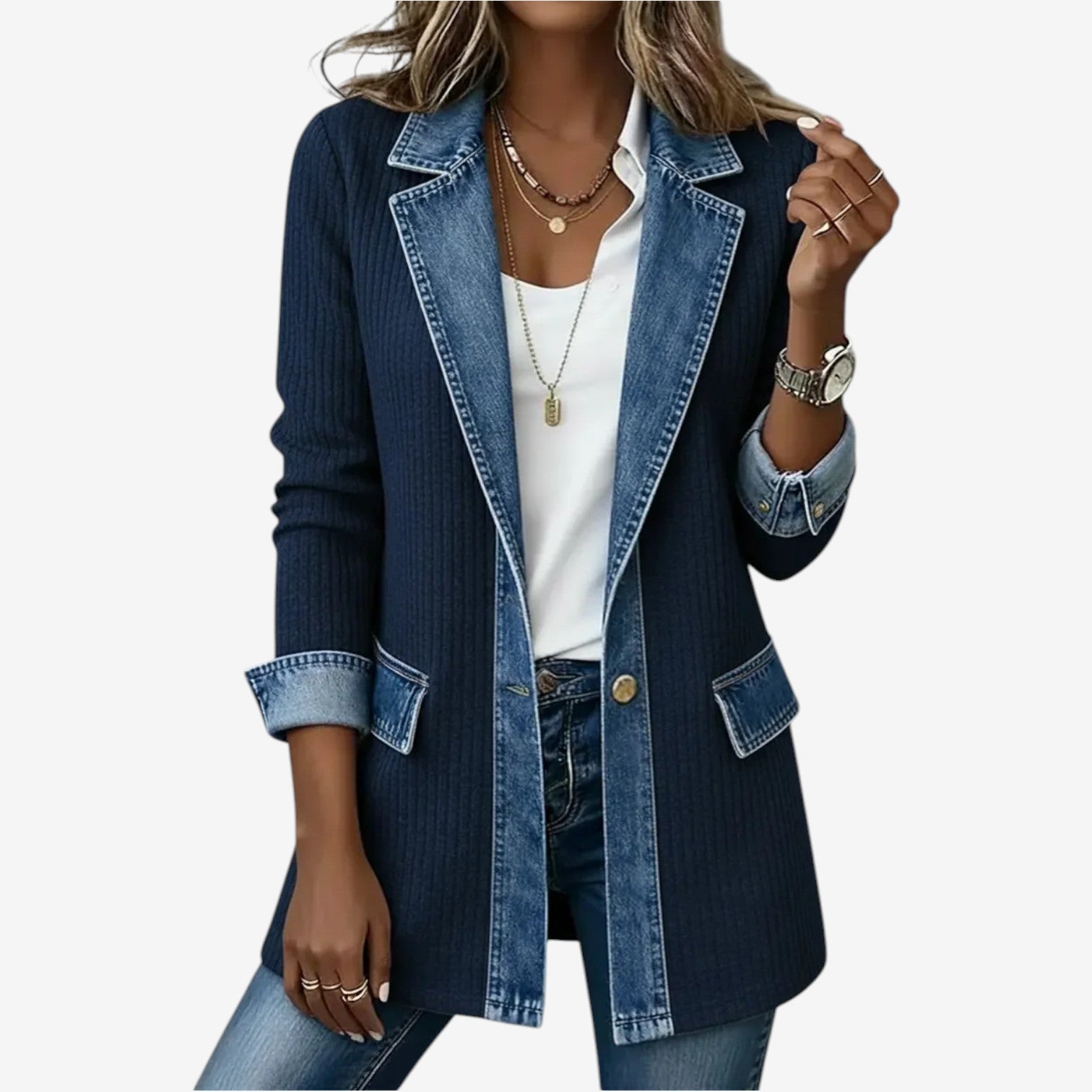 Dame blazer i ribstrik med kontrastkrave og denimdetaljer