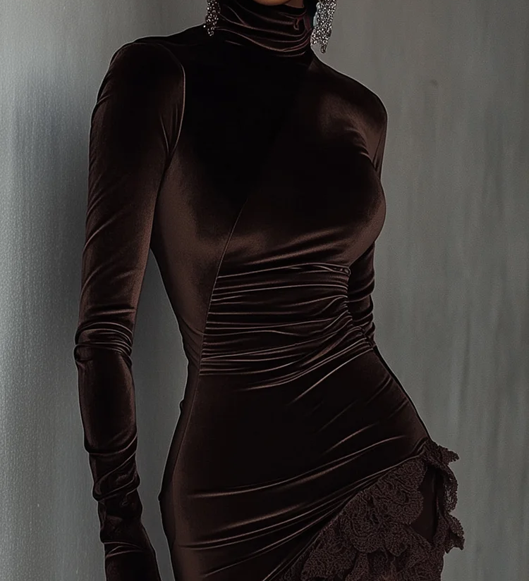 Robe courte marron femme à col haut, manches longues et dentelle