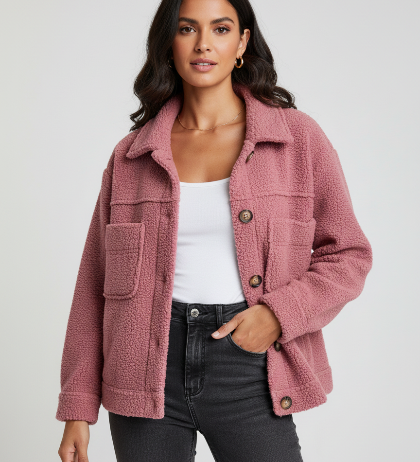 Elin Damejakke – Blød Trendy Teddyjakke med Lukket Krave