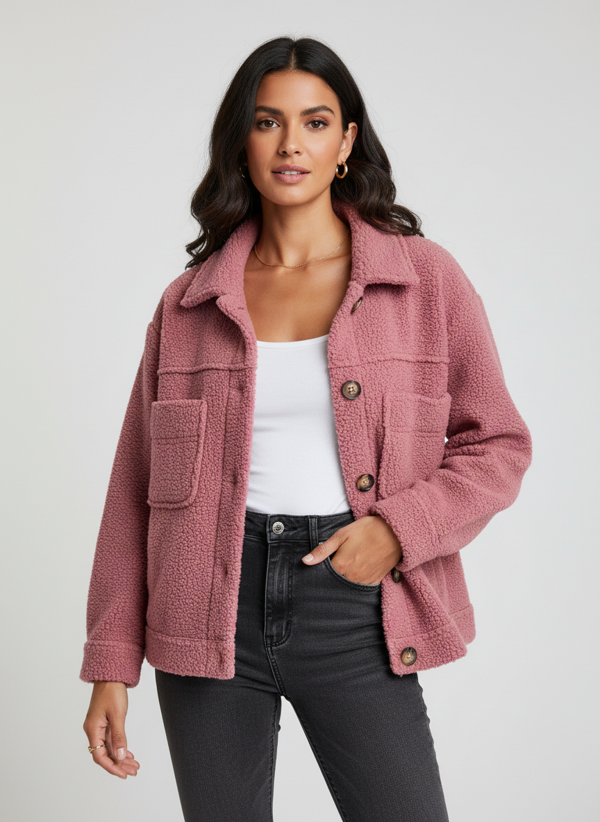 Elin Damejakke – Blød Trendy Teddyjakke med Lukket Krave