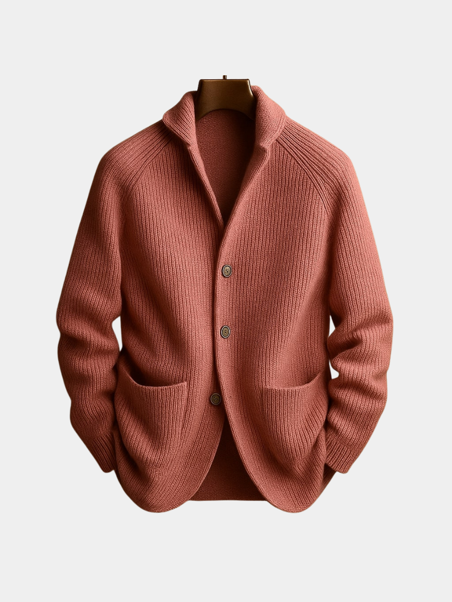 Herrecardigan med ribstruktur, sjalskrave, knapper og frontlommer