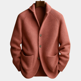 Herrecardigan med ribstruktur, sjalskrave, knapper og frontlommer