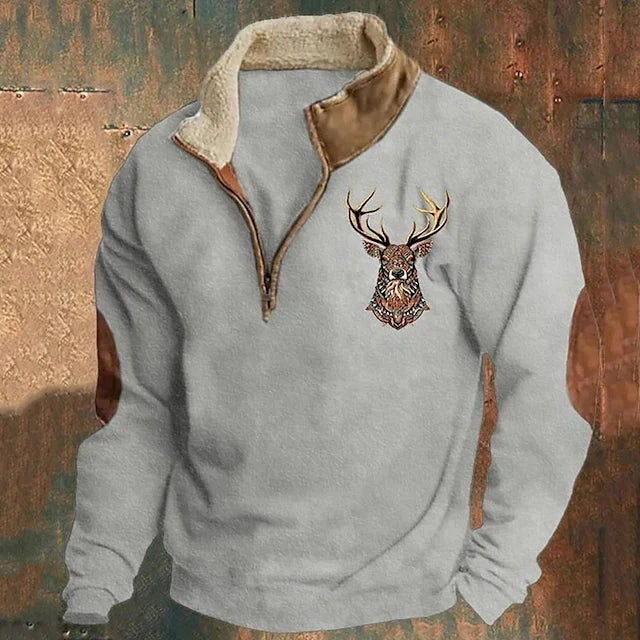 Herre pullover med høj krave, halv lynlås og broderet hjortemotiv