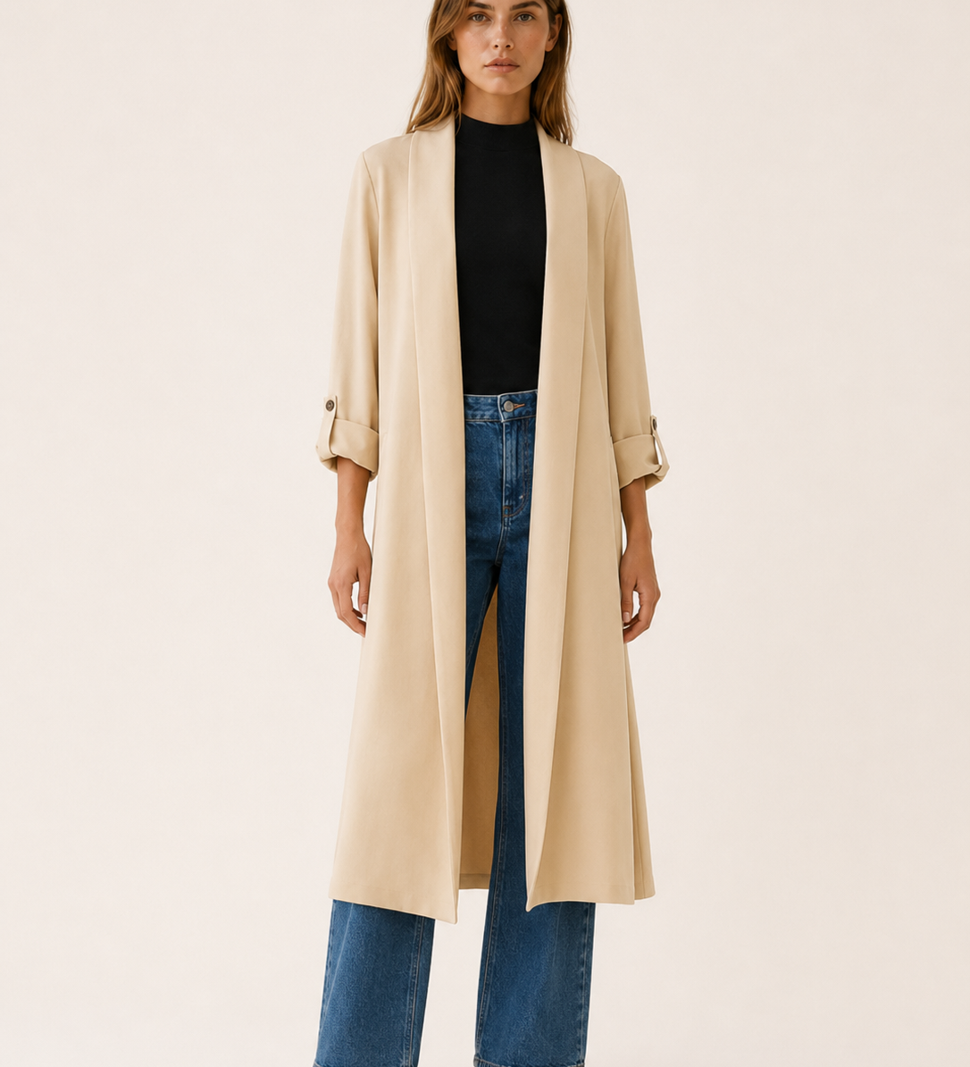 Lang dame-trenchcoat med åben front og opsmøgede ærmer