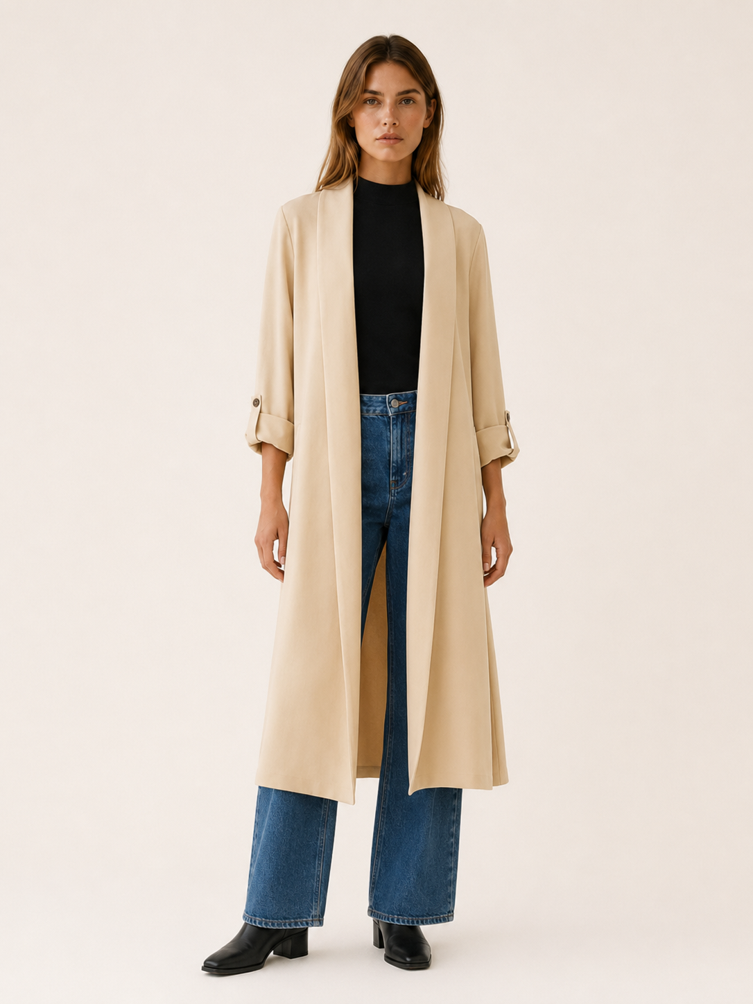 Lang dame-trenchcoat med åben front og opsmøgede ærmer