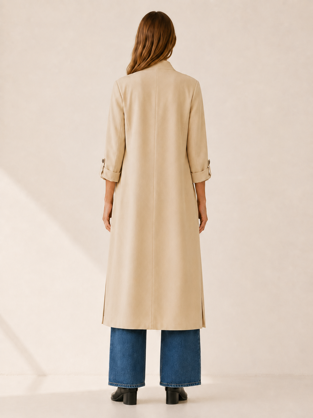 Lang dame-trenchcoat med åben front og opsmøgede ærmer