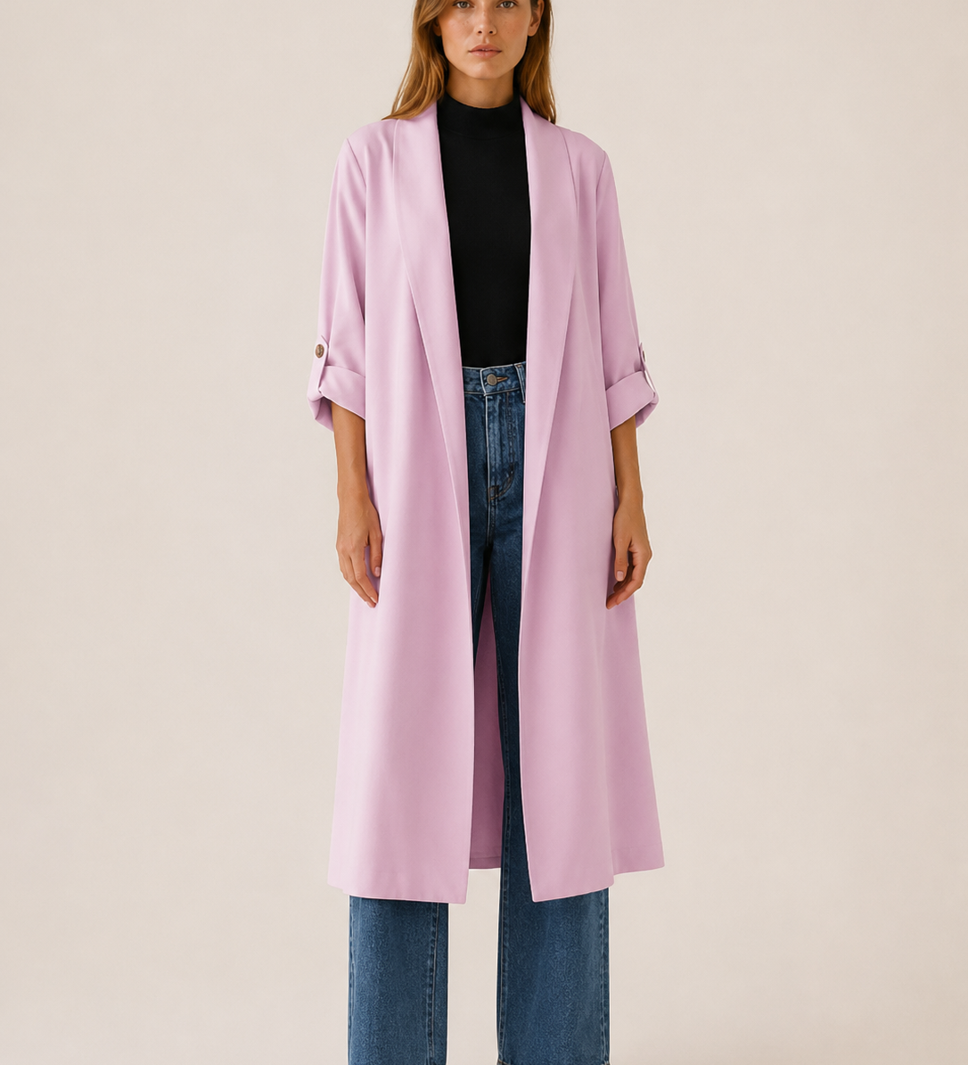 Lang dame-trenchcoat med åben front og opsmøgede ærmer