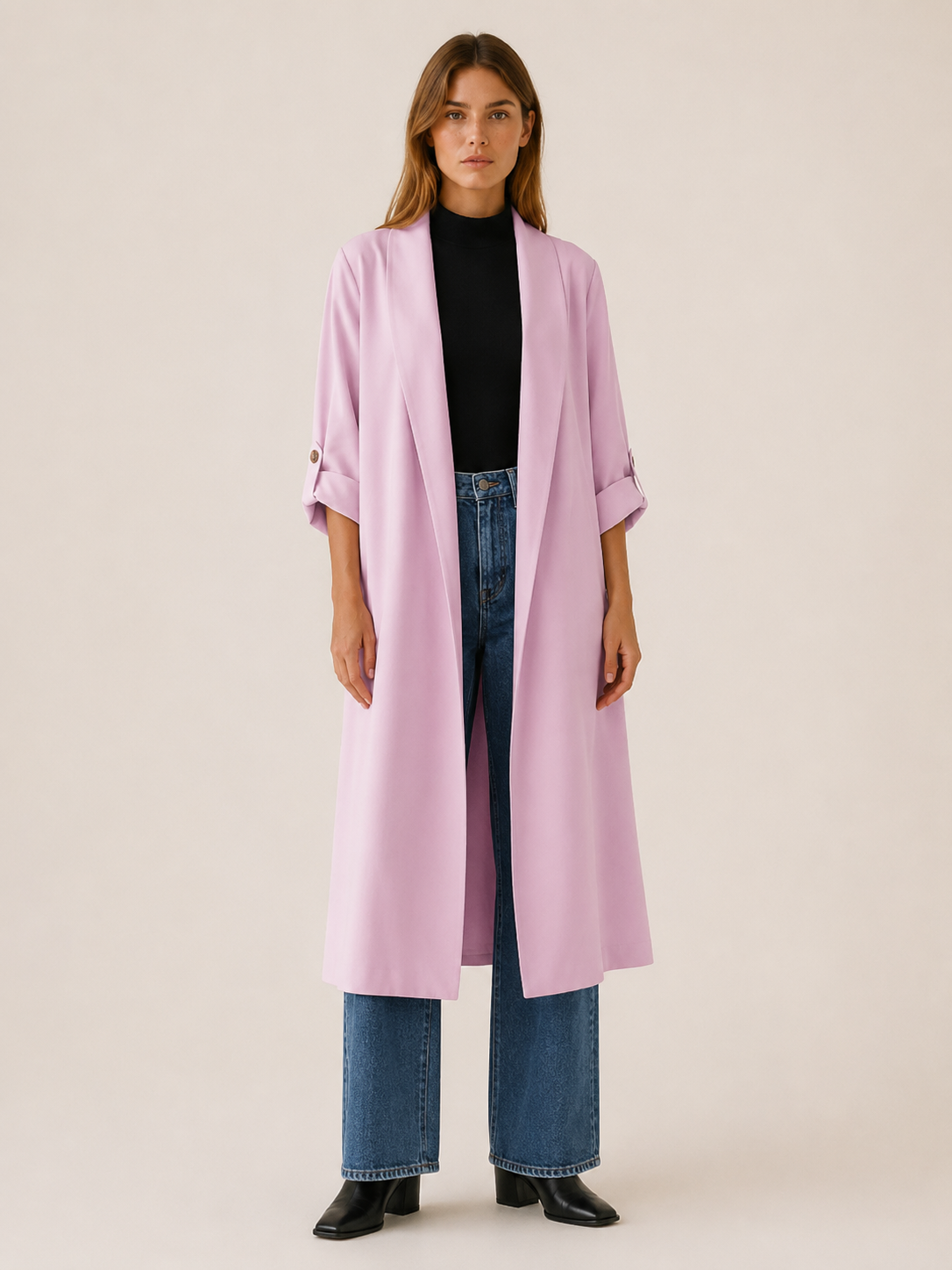 Lang dame-trenchcoat med åben front og opsmøgede ærmer