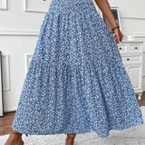 Lang Blomstret Nederdel – Elastisk Talje med Volang og Boho Print