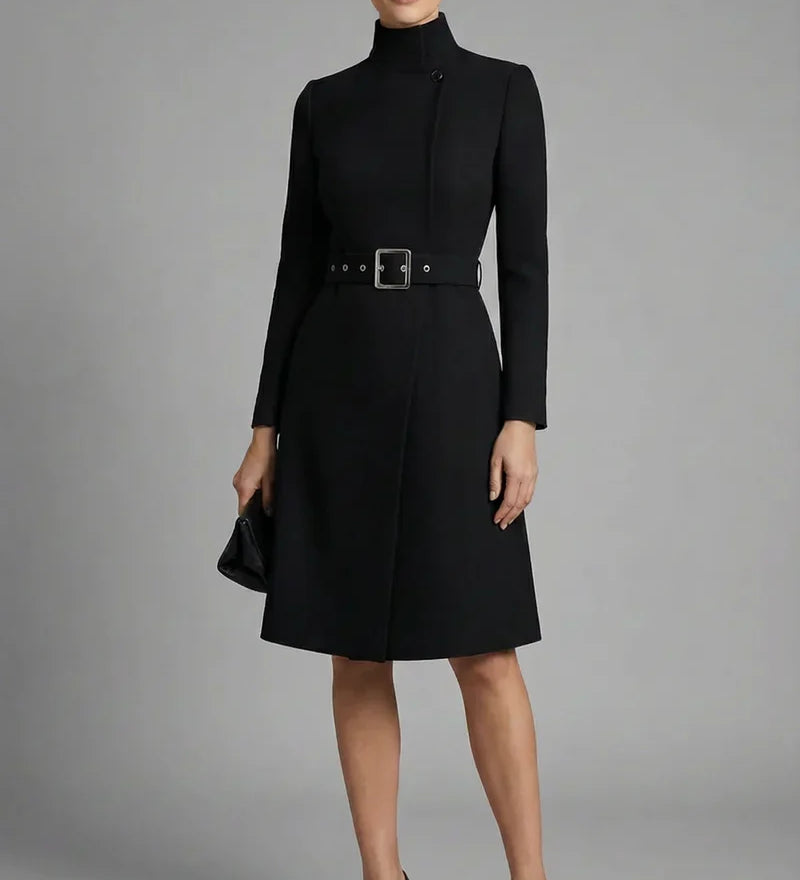Robe midi noire femme à col montant, manches longues et ceinture