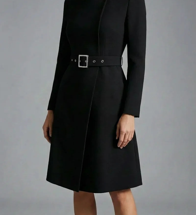 Robe midi noire femme à col montant, manches longues et ceinture