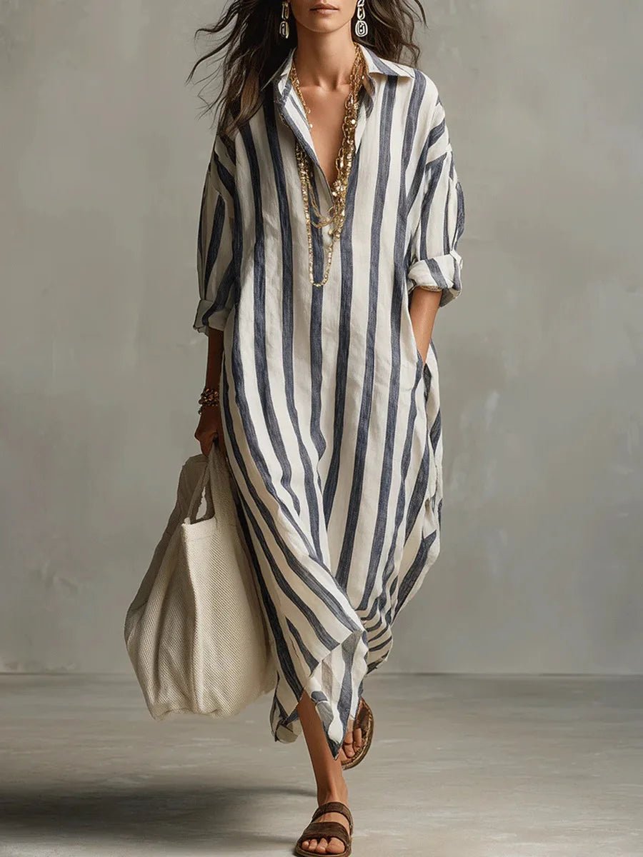 Stribet oversized maxi skjortekjole med lange ærmer