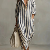 Stribet oversized maxi skjortekjole med lange ærmer