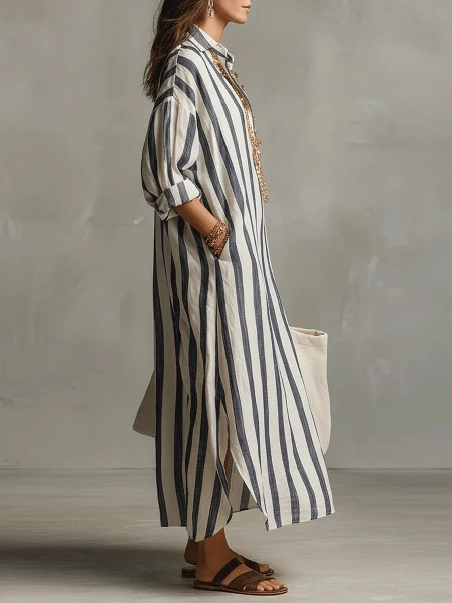 Stribet oversized maxi skjortekjole med lange ærmer
