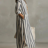 Stribet oversized maxi skjortekjole med lange ærmer