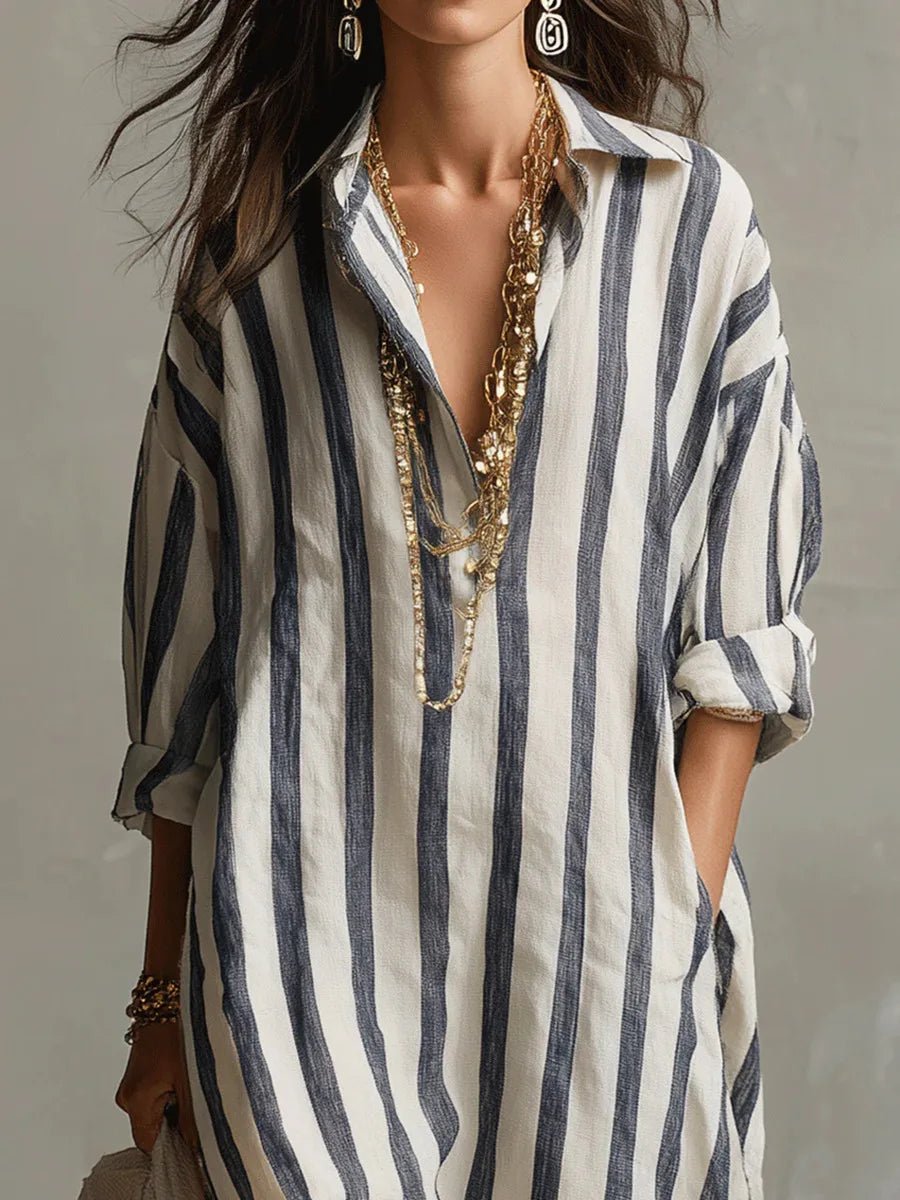 Stribet oversized maxi skjortekjole med lange ærmer