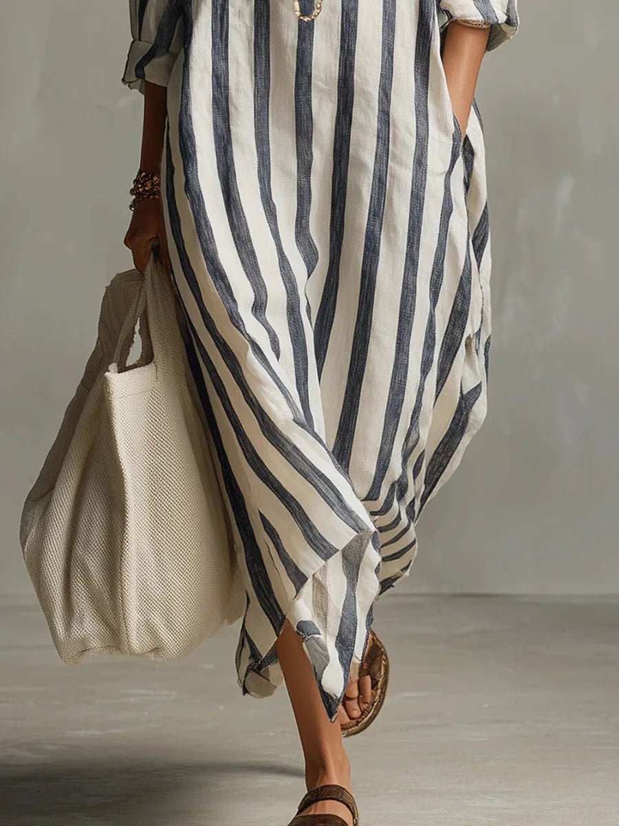 Stribet oversized maxi skjortekjole med lange ærmer