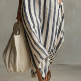 Stribet oversized maxi skjortekjole med lange ærmer