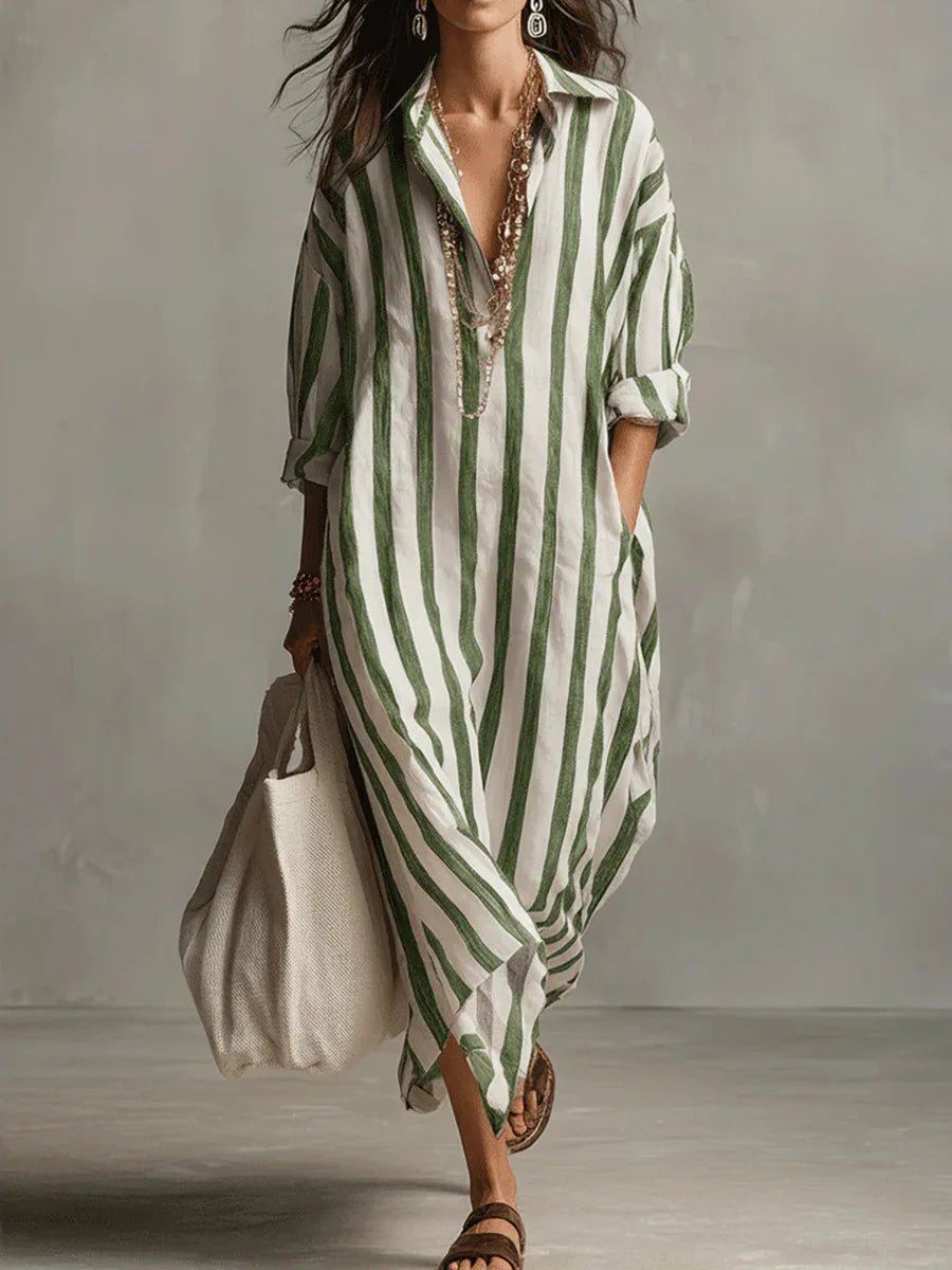 Stribet oversized maxi skjortekjole med lange ærmer