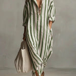 Stribet oversized maxi skjortekjole med lange ærmer