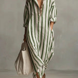 Stribet oversized maxi skjortekjole med lange ærmer