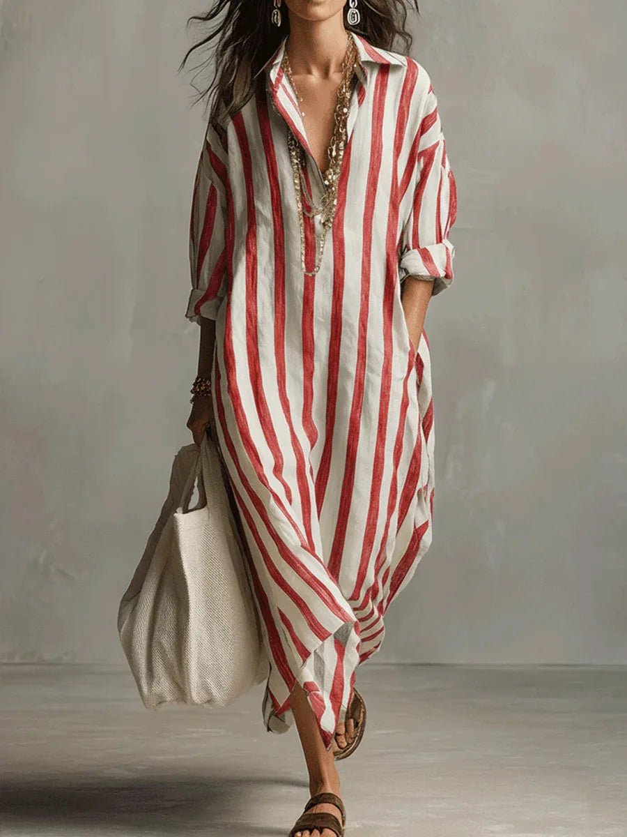Stribet oversized maxi skjortekjole med lange ærmer