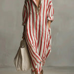 Stribet oversized maxi skjortekjole med lange ærmer