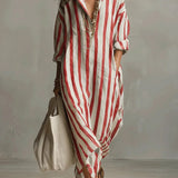 Stribet oversized maxi skjortekjole med lange ærmer