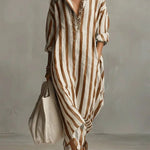Stribet oversized maxi skjortekjole med lange ærmer