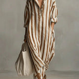 Stribet oversized maxi skjortekjole med lange ærmer
