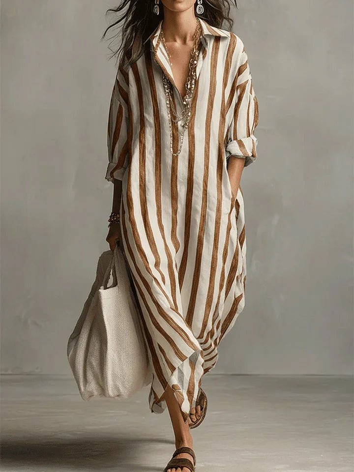 Stribet oversized maxi skjortekjole med lange ærmer