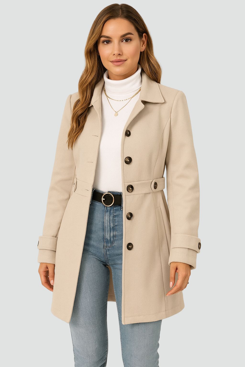 Dame trenchcoat med reverskrave, knapper, bælte og lange ærmer