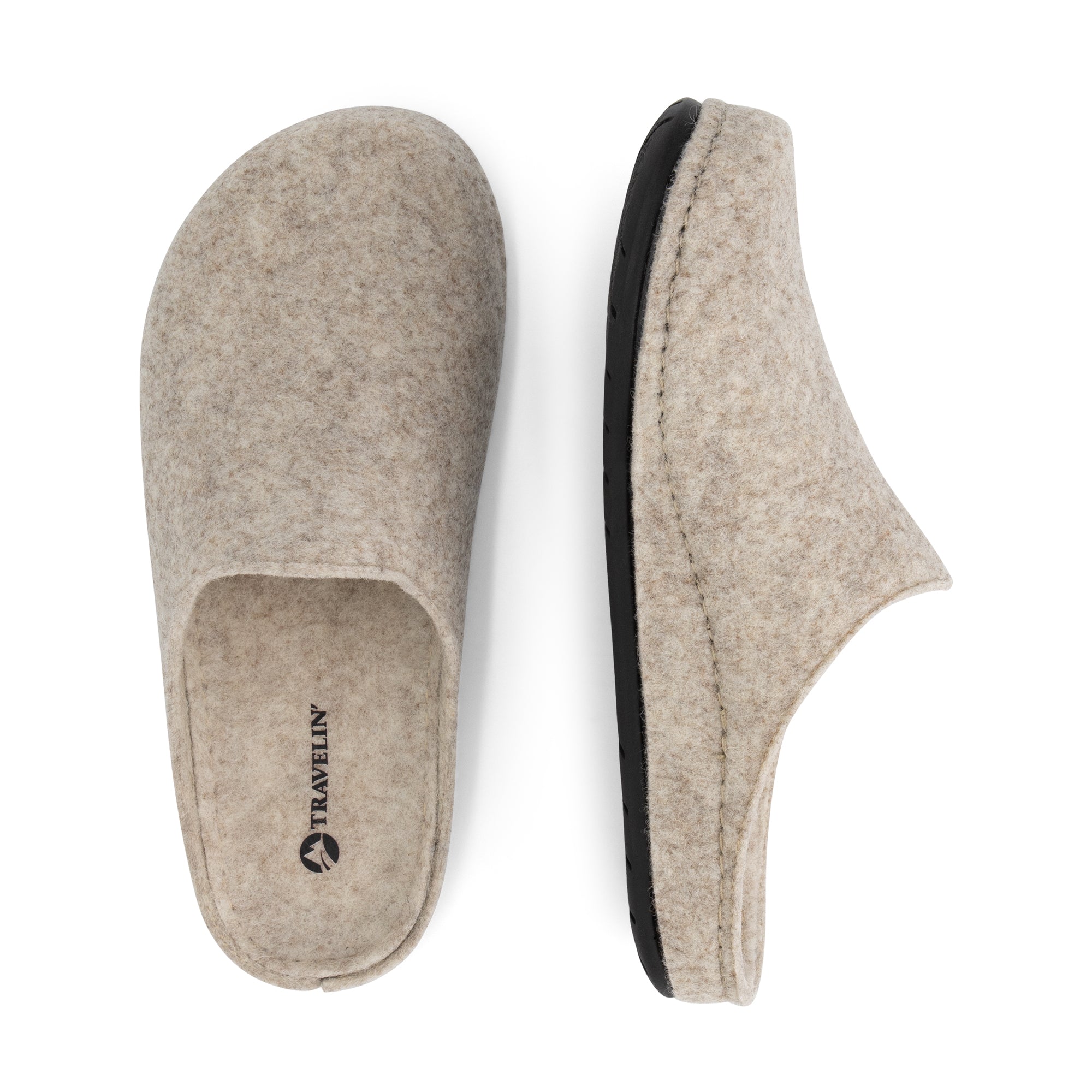 Beige unisex hjemmesko med åben hæl og sort flad sål