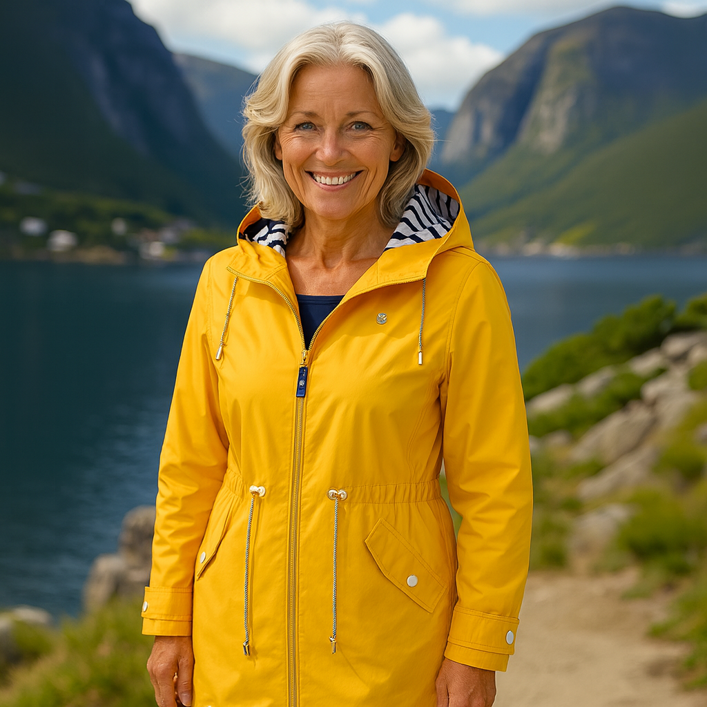 Lang dameparka med hætte, lynlås, snoretræk og sidelommer