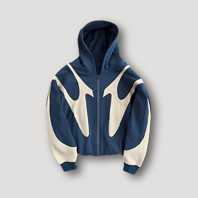 Herre hoodie med grafisk colorblock print og lynlås
