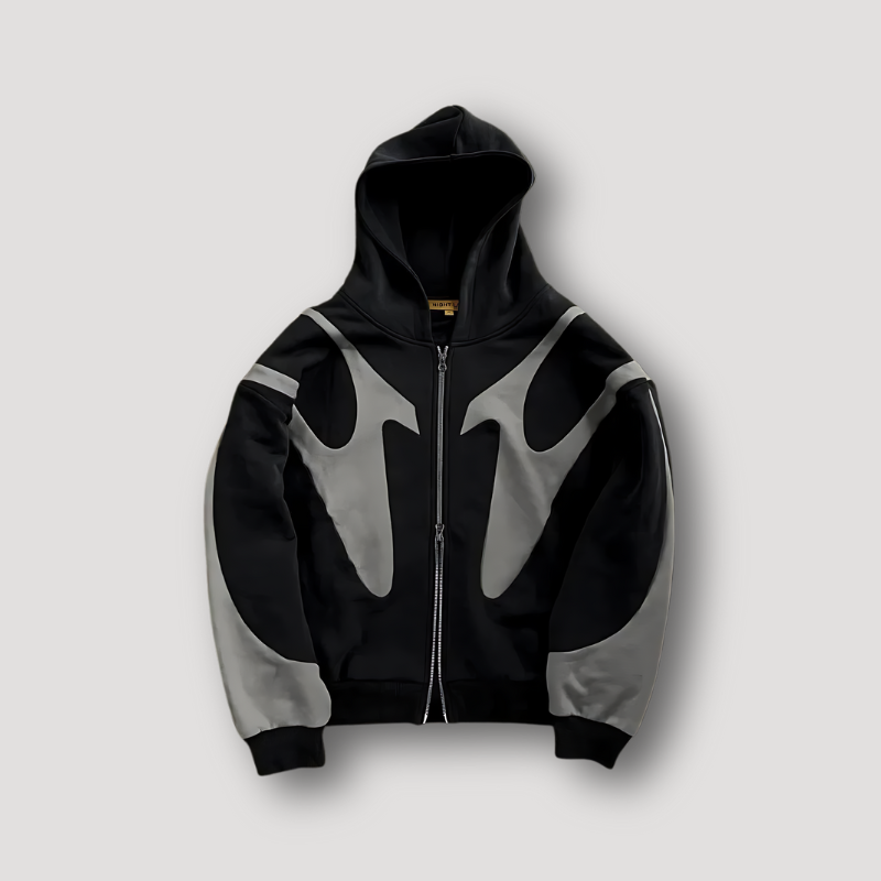 Herre hoodie med grafisk colorblock print og lynlås