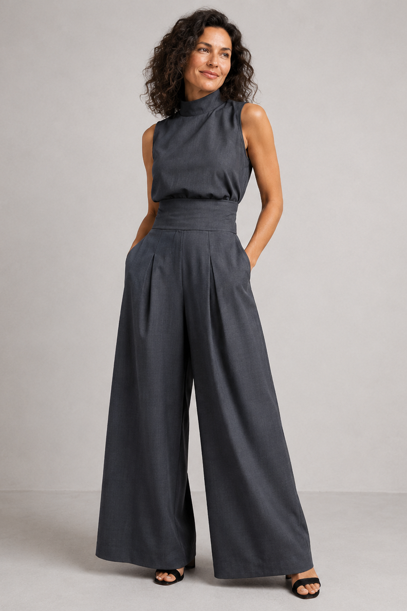 Kvinde i olivengrøn ærmeløs jumpsuit med rullekrave og vide ben